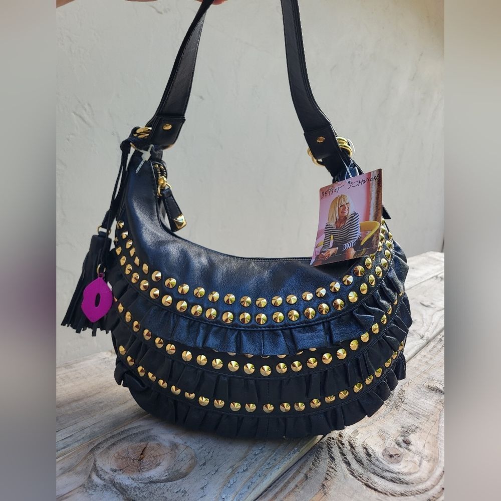 BETSEY JOHNSON LEATHER   FRINGE STUDDED HOBO BAG